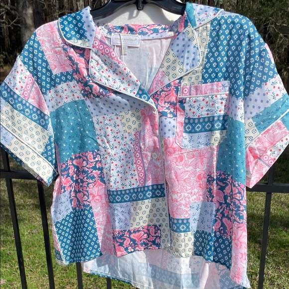Simply Southern Patchwork Pajama Set - Pink & Teal - Ruffle Shorts w/ Pockets - Picture 6 of 10